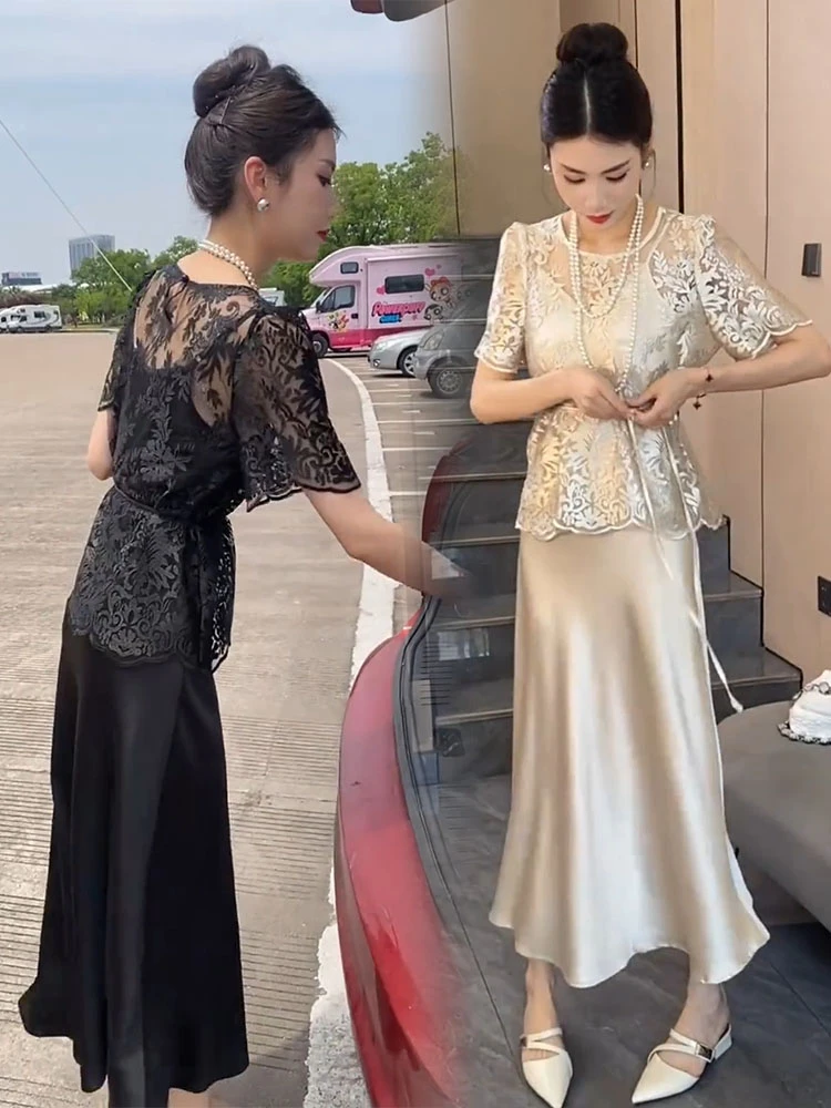 时尚套装女2025夏新款气质高档镂空短袖蕾丝上衣吊带连衣裙两件套