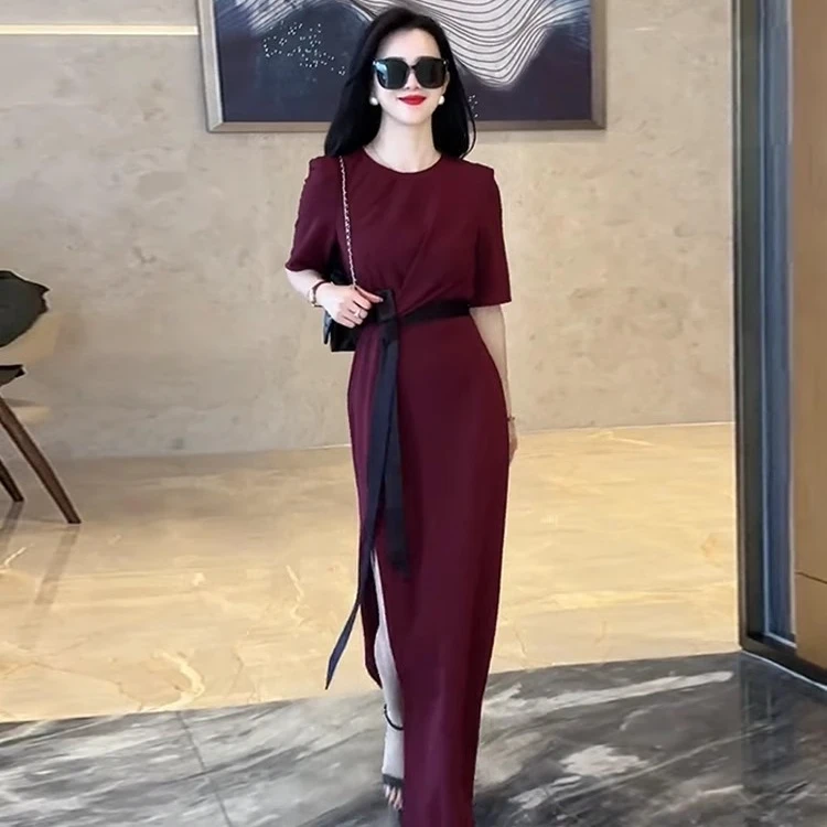 轻熟御姐小香风酒红色晚礼服连衣裙法式女神范名媛气质长裙女夏装
