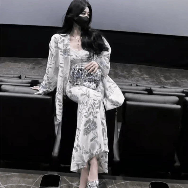 新中式国风亮片蕾丝花边套装裙女2025春季上衣外套吊带长裙两件套