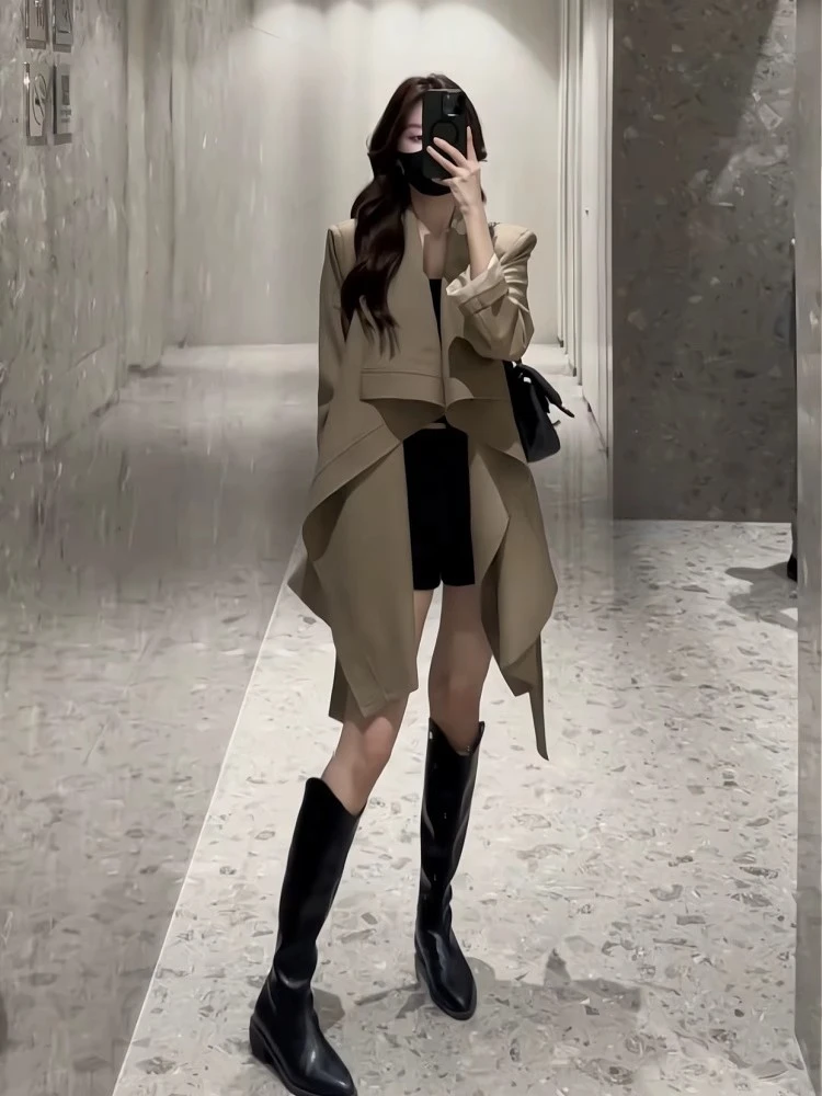 卡其色风衣外套女秋季新款收腰显瘦纯色英伦风小个子翻领大衣女