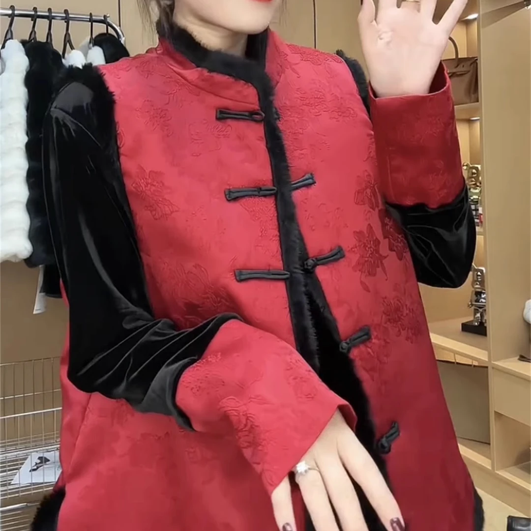 中国风时尚套装高端复古立领加厚马夹长袖T恤丝绒半身裙三件套春