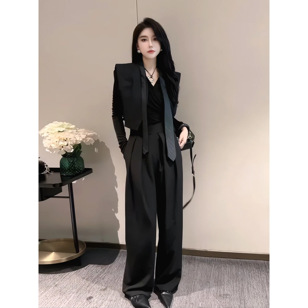 韩版时尚套装女2025秋装新款洋气宽松短袖外套+高腰直筒裤三件套