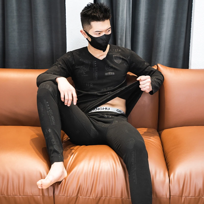 【粉丝专享】男士秋冬无痕双面绒保暖压花内衣套装长袖打底衫秋衣
