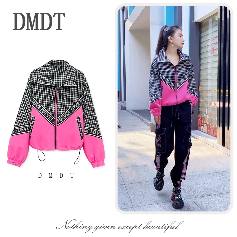 【DMDT潮牌】翻领拉链格子拼接拼色字母显瘦女休闲百搭外套233W3066