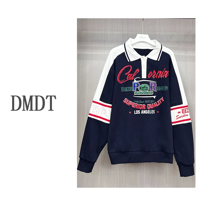 【DMDT潮牌】重工字母刺绣提花POLO领长袖显瘦女休闲百搭卫衣CHUN21