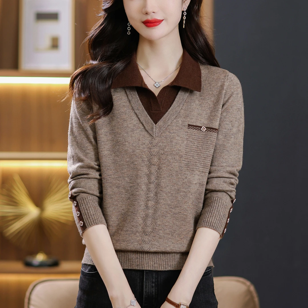 春秋翻领假两件长袖针织衫女套头毛衣显瘦遮肉妈妈装时尚洋气上衣