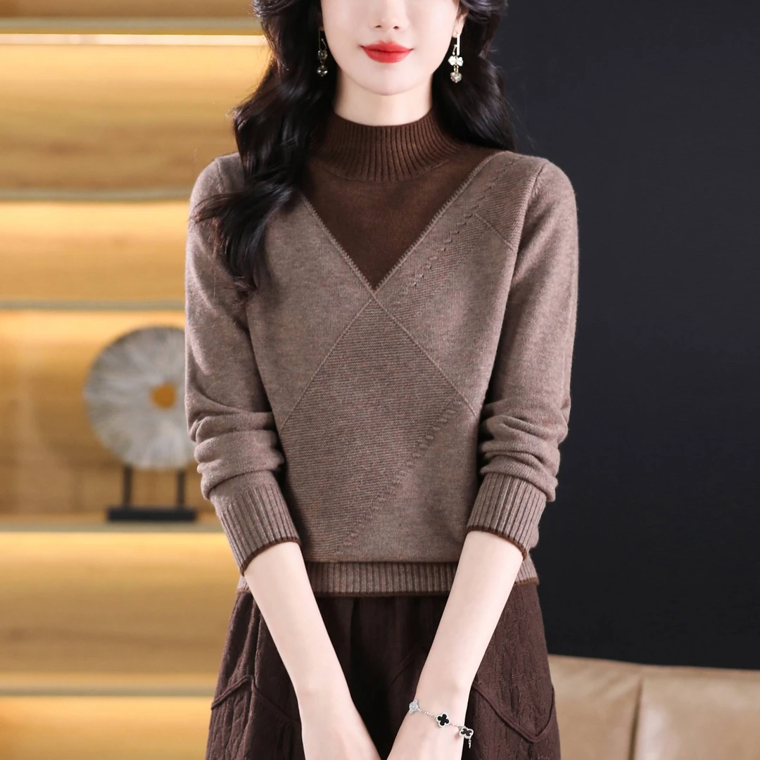 2024冬季套头半高领针织衫女士加厚毛衣上衣洋气百搭宽松打底衫女
