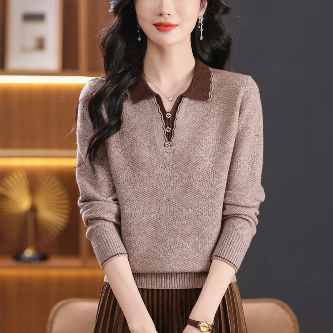 翻领针织上衣秋冬时尚洋气妈妈打底衫秋装2024年新款女装早秋毛衣