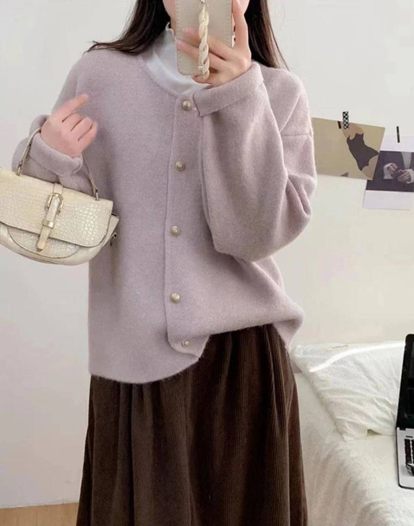 【小金扣】纯色百搭开衫气质时尚百搭圆领轻奢毛衣通勤外套宽松温柔