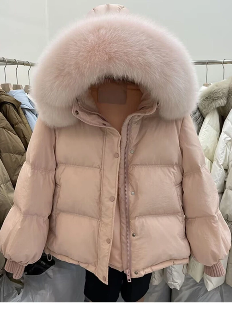 白鸭鸭短款羽绒棉服服女2023年冬季新款韩版宽松大毛领针织袖小个