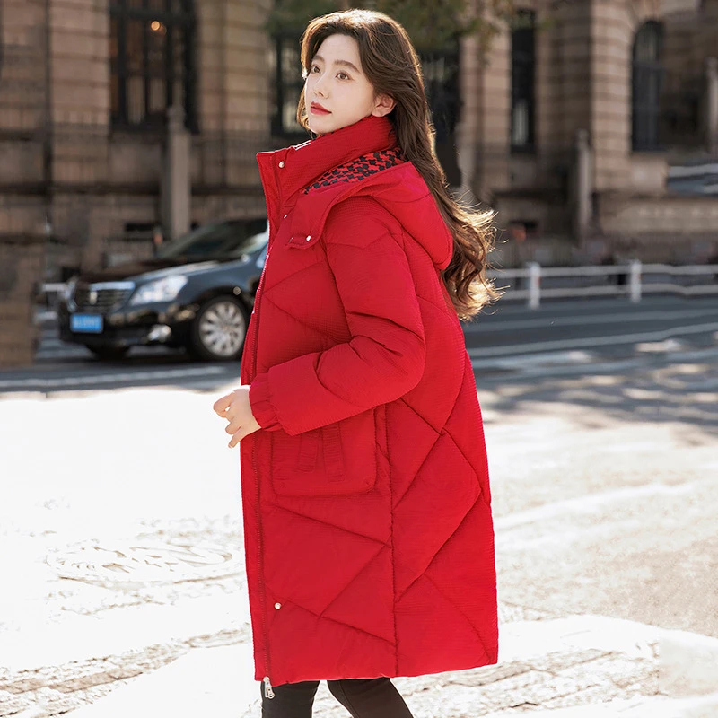 白鸭鸭中长款女棉衣2023年新款韩版宽松内里加热防风抗冻加厚黑金