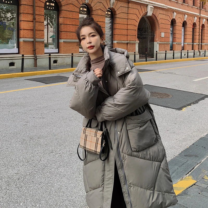 白鸭鸭m到6x加肥加大面包服羽绒棉衣过膝棉服女宽松中长款韩版棉
