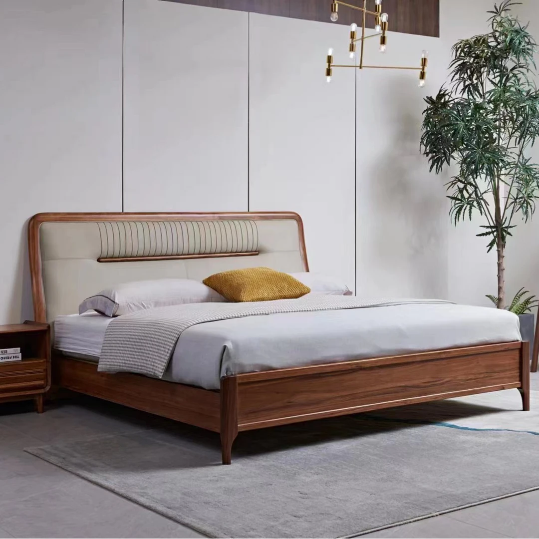 【清园】#WA1896#加蓬乌金木家用现代简约实木床软包主卧室牛皮大床