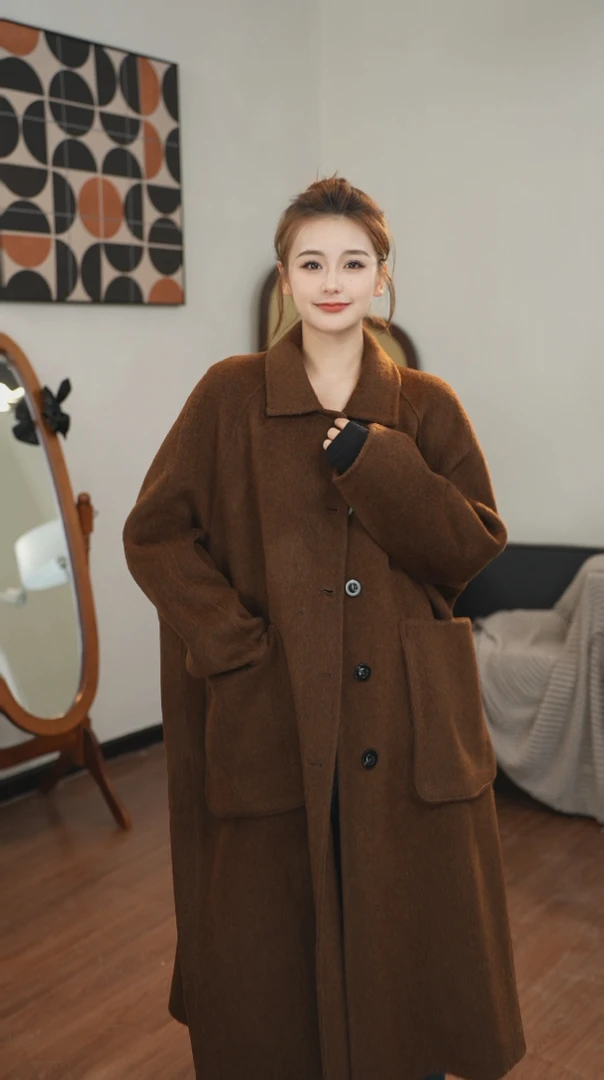 2024秋冬宽松显瘦时尚高级感立领双面呢毛呢外套韩版