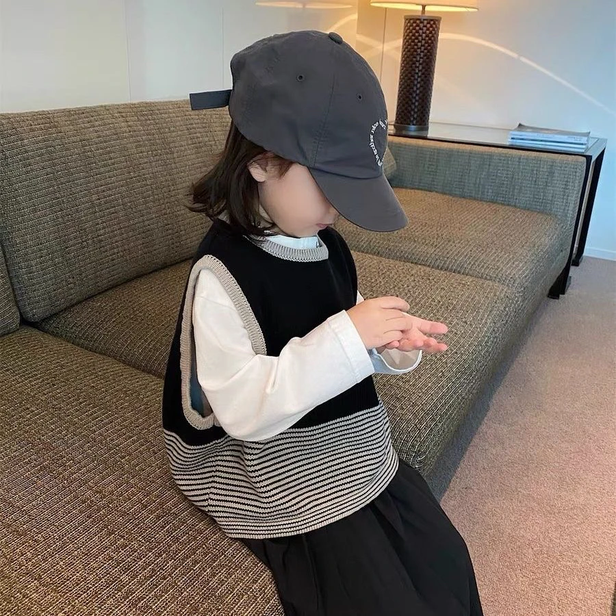 童装女童休闲洋气条纹针织毛衫背心马甲春秋儿童时尚宝宝秋季女宝