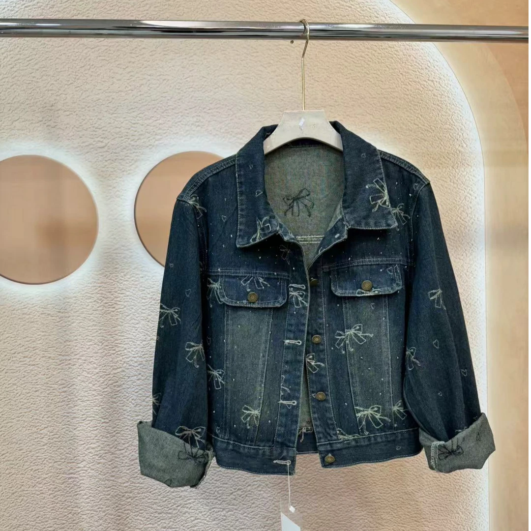 2467蝴蝶结重工烫钻牛仔外套女秋季时尚百搭韩版潮流简约牛仔外套