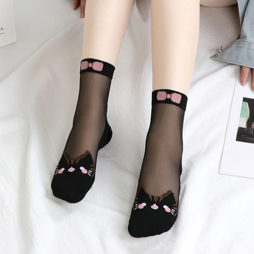 春夏薄款女士袜子新款卡通网红爆款玻璃丝袜纯色棉底水晶袜防勾丝