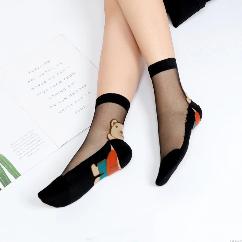 棉底丝袜女士短提花夏季薄款防滑透明玻璃丝袜子中筒防勾丝水晶袜