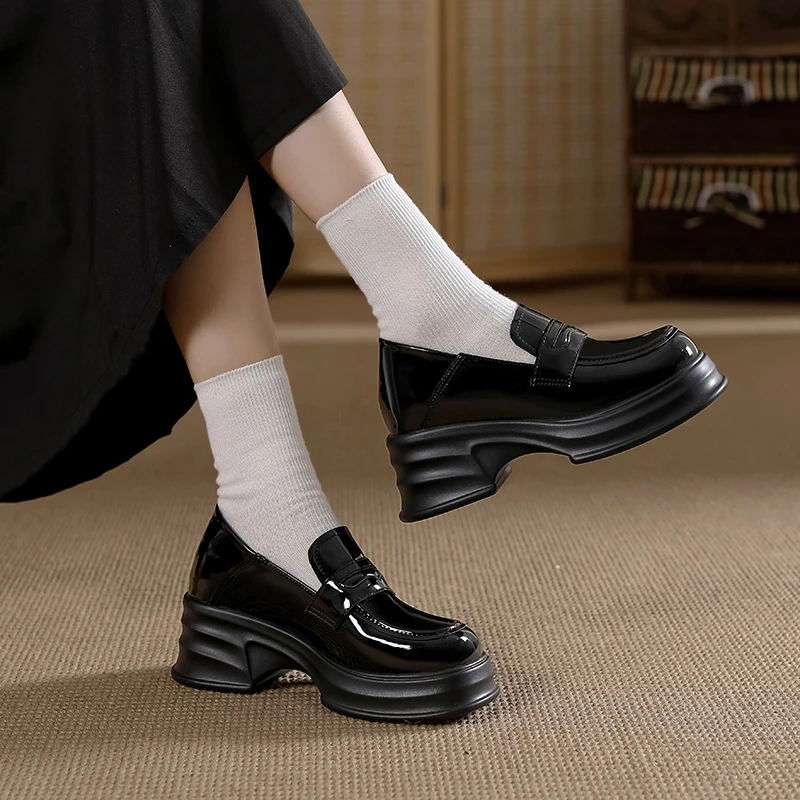 小皮鞋厚底内增高鞋女2024新款英伦风松糕底小皮鞋粗跟百搭单鞋