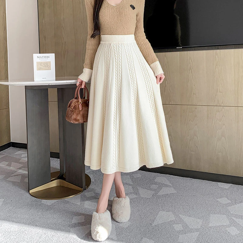 新款加厚针织百褶半身裙女秋冬麻花毛线a字伞裙高腰显瘦包臀中长