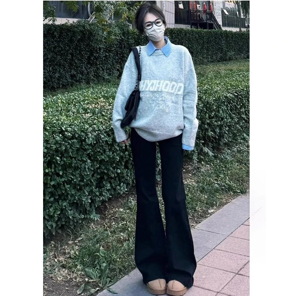 高个子加长黑色低腰微喇牛仔裤女秋冬新款百搭显瘦喇叭阔腿拖地裤