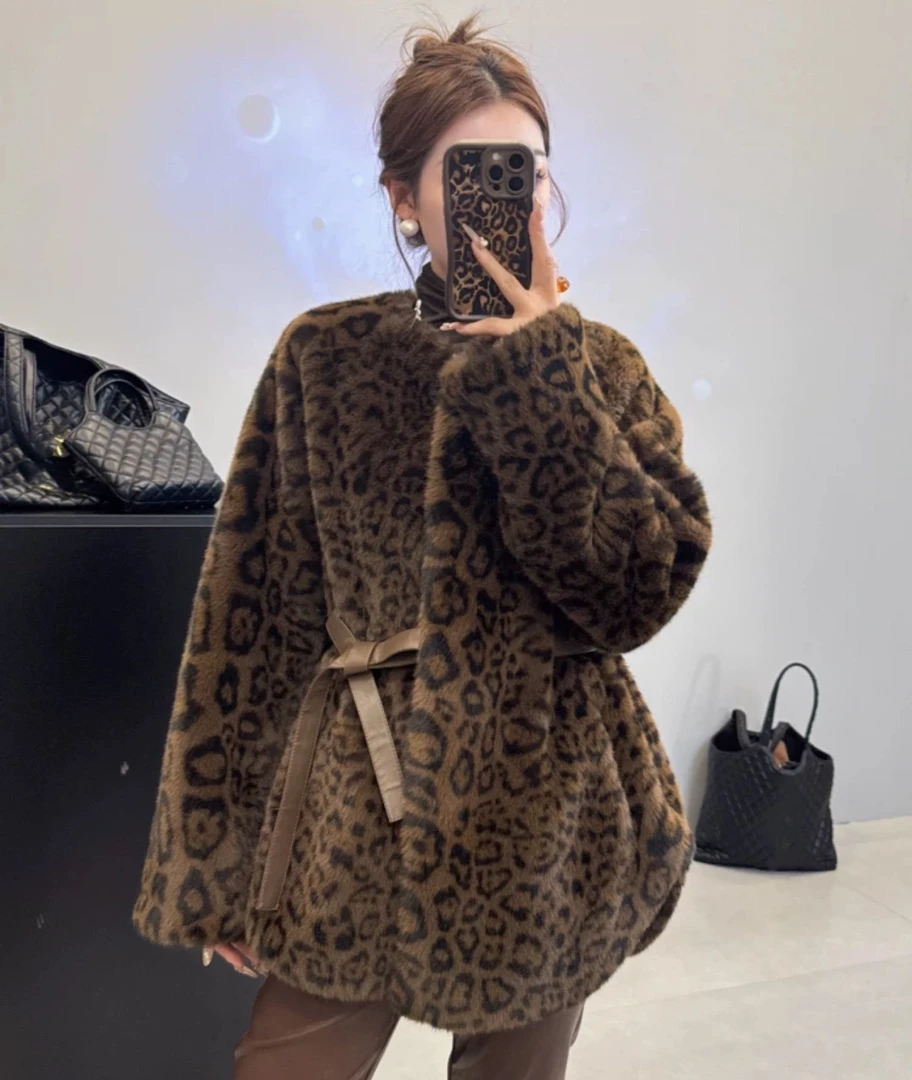 韩版系带豹纹开叉时尚气值百搭外套舒适保暖