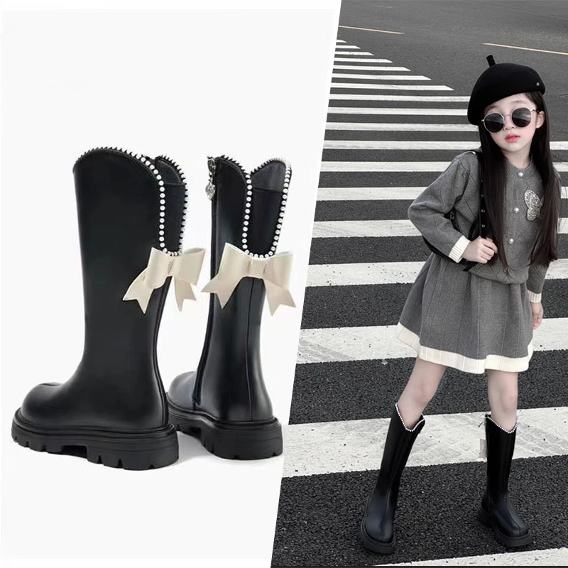 女童鞋儿童长靴子2024春秋款新款秋季长筒高筒皮靴小公主女孩