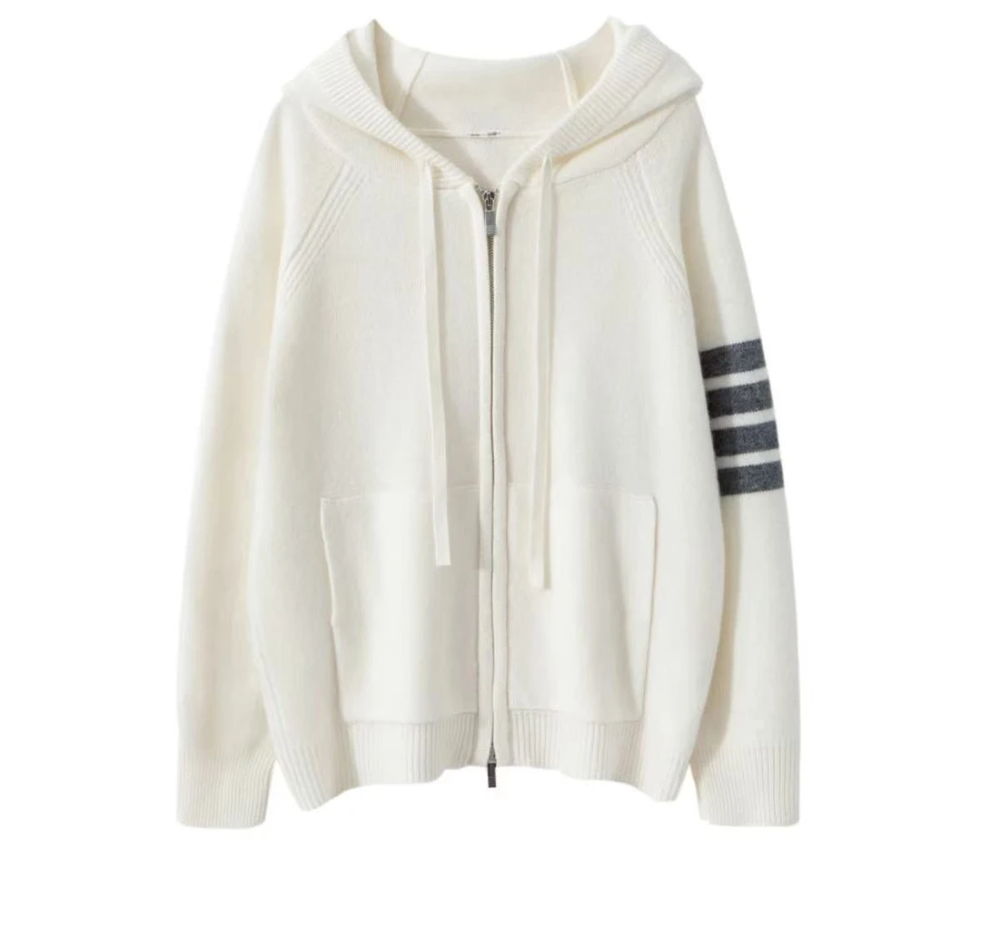 【蓉蓉】100羊毛连帽拉链毛衣外套四条纹针织