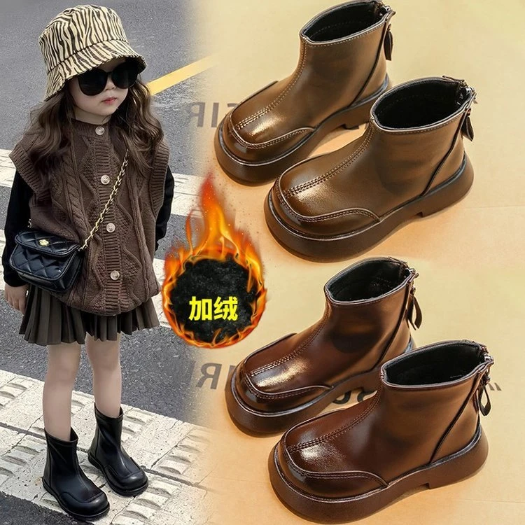 女童靴子2024新款秋冬加绒鞋子儿童短靴英伦风宝宝马丁靴女孩棉靴
