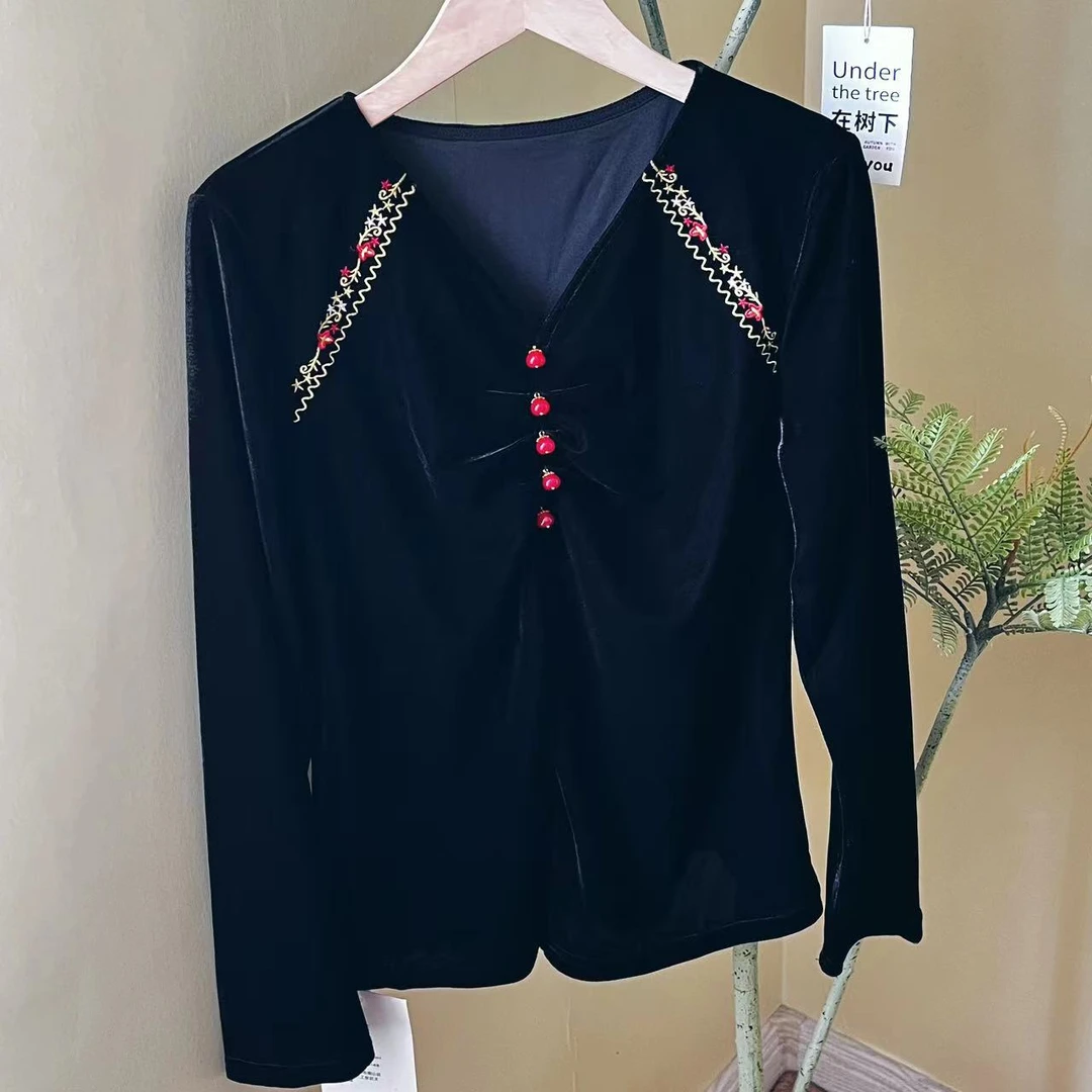 2024年新款秋季丝绒长袖上衣显瘦百搭时尚气质黑色中式复古重工