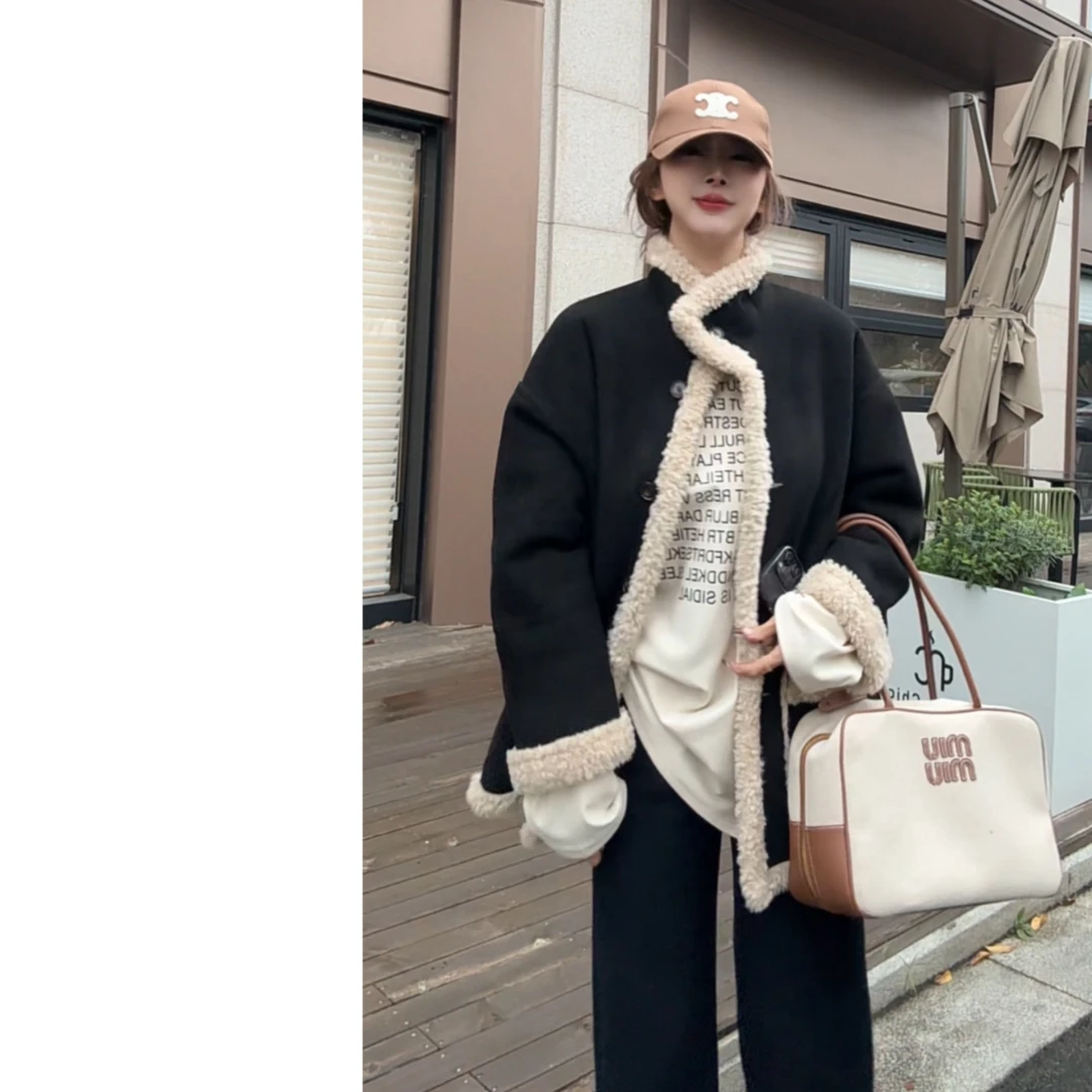 墨迹姐 高个子微胖“双面可穿”黑色立领糕糕绒外套大衣女hz89139