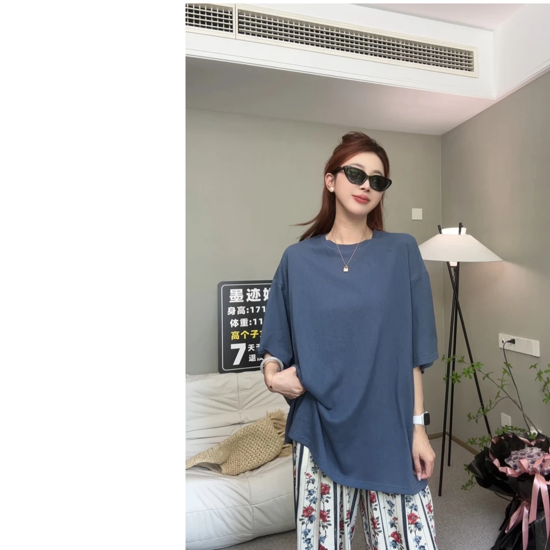 高个子女装 港岛庙街 纯色雪花麻大版慵懒风半袖T恤 VC078