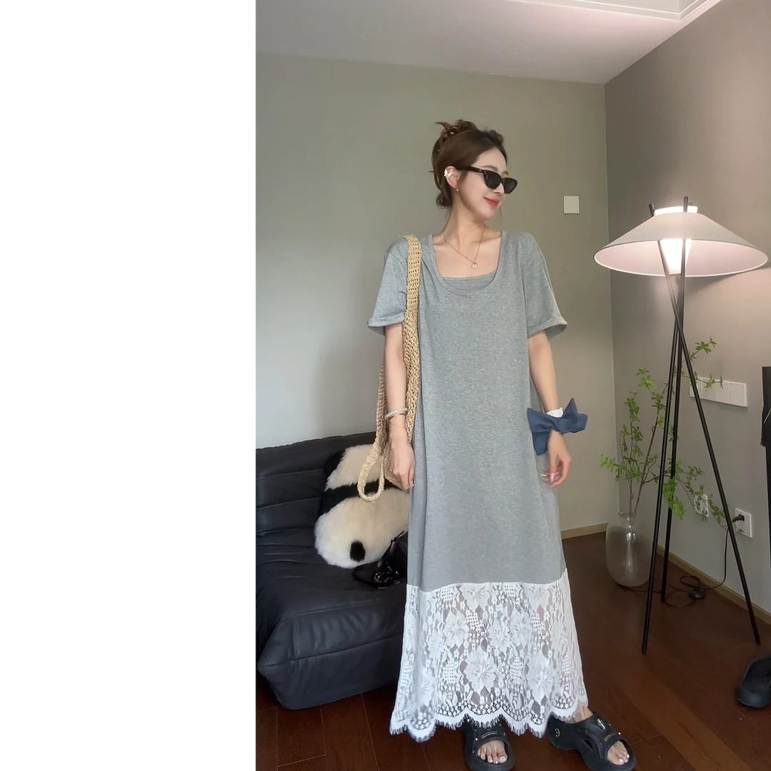 如影随心 极简拼接蕾丝大版微胖高个子加长宽松连衣裙  8061