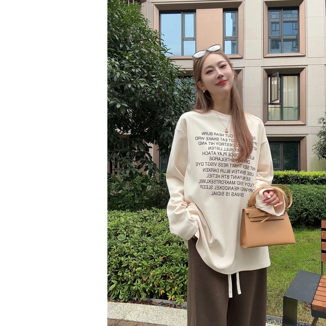 墨迹姐 高个子微胖 德绒简约纯色圆领字母印花长袖上衣T恤T1022