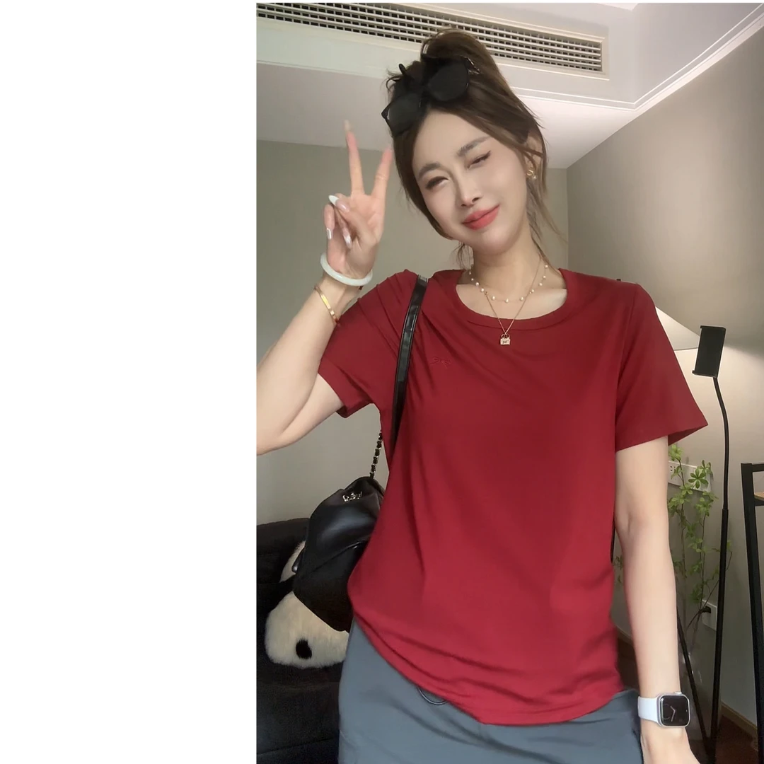 U型领蝴蝶刺绣凉感天丝短袖T恤女夏季薄款休闲锁骨上衣夏 A303