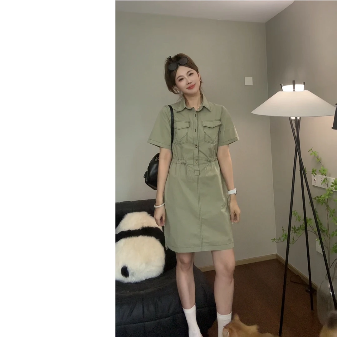 2024夏季新款韩版工装抽绳收腰显瘦连衣裙女P0L0领短袖牛仔裙子潮