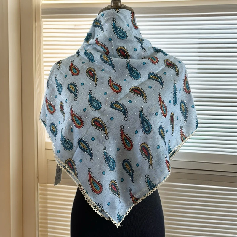 新款棉麻亮丝薄款烫钻精美腰果80*80厘米女士方巾欧美时尚春秋