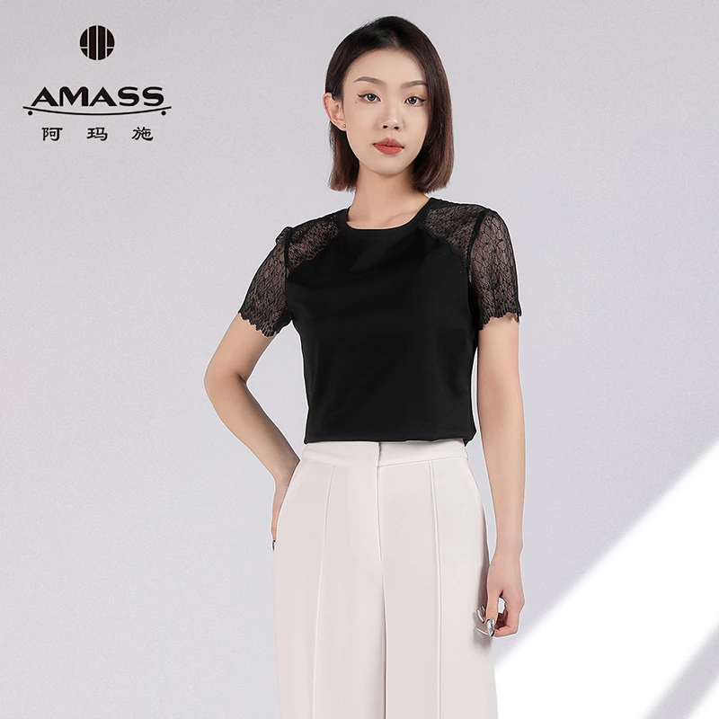 阿玛施AMASS新款女装质感百搭极简风蕾丝薄款短袖圆领T恤5301053
