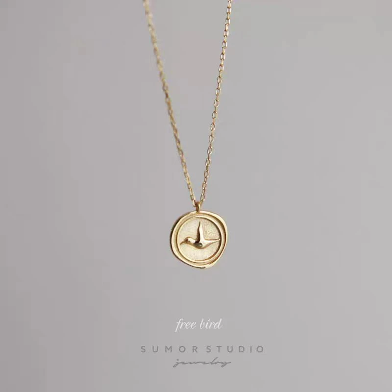 潮派纯银小众飞鸟硬币项链吊坠轻奢女简约时尚锁骨链百搭精致精