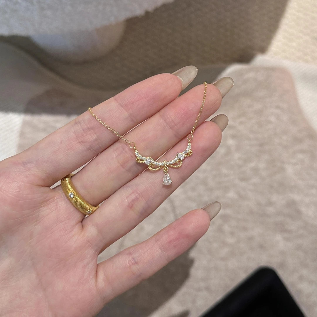 坠链均925银 通体银爱丽丝公主的皇冠蕾丝水滴项链小众高级感