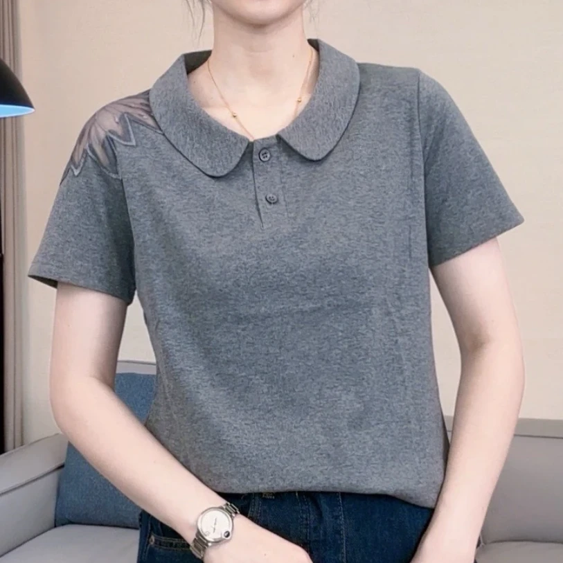 夏季新款POLO短袖肩膀镂空洋气女装上衣修身显瘦百搭休闲时尚小衫