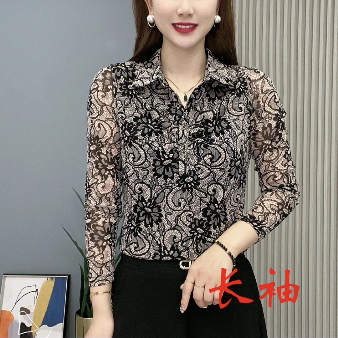 春夏新款衬衫女士长袖黑花百搭修身显瘦网纱小衫气质翻领打底上衣