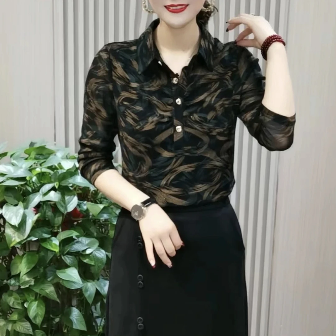 秋季新款长袖衬衫女翻领弹力网纱中年妈妈装上衣修身显瘦洋气百搭