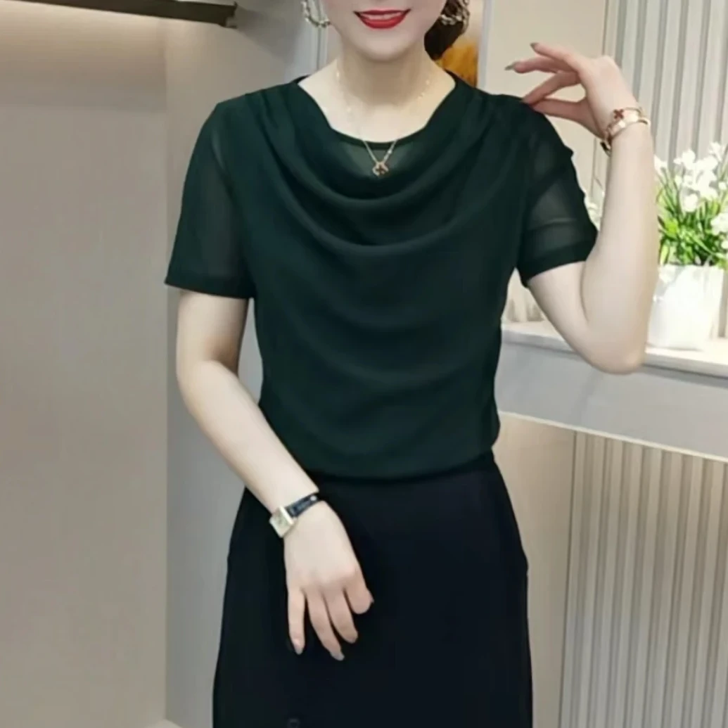 夏季新款短袖网纱堆堆领小衫时尚气质修身显瘦打底衫洋气减龄上衣