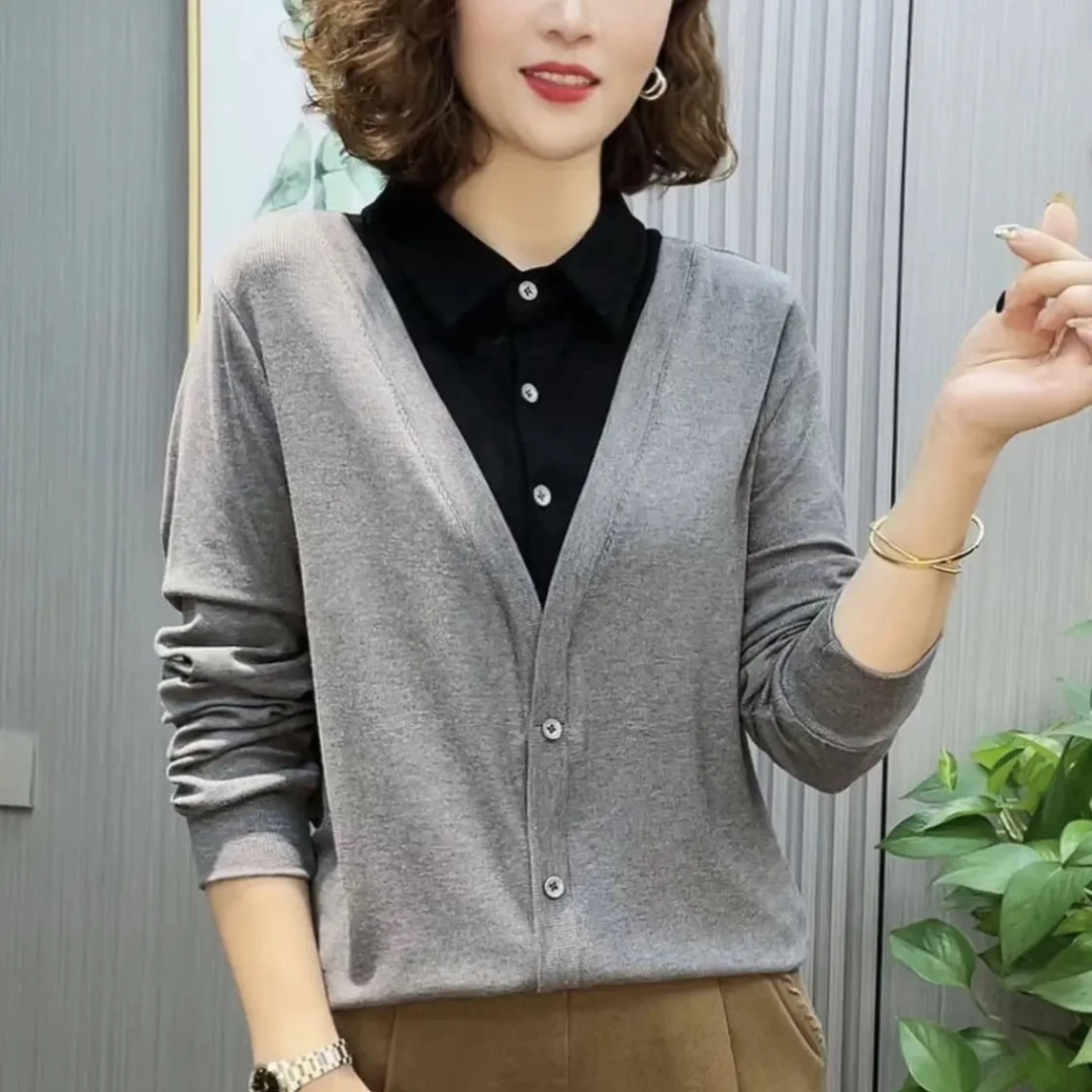 秋季新款长袖衬衫领假两件上衣女时尚显瘦百搭洋气妈妈装宽松小衫