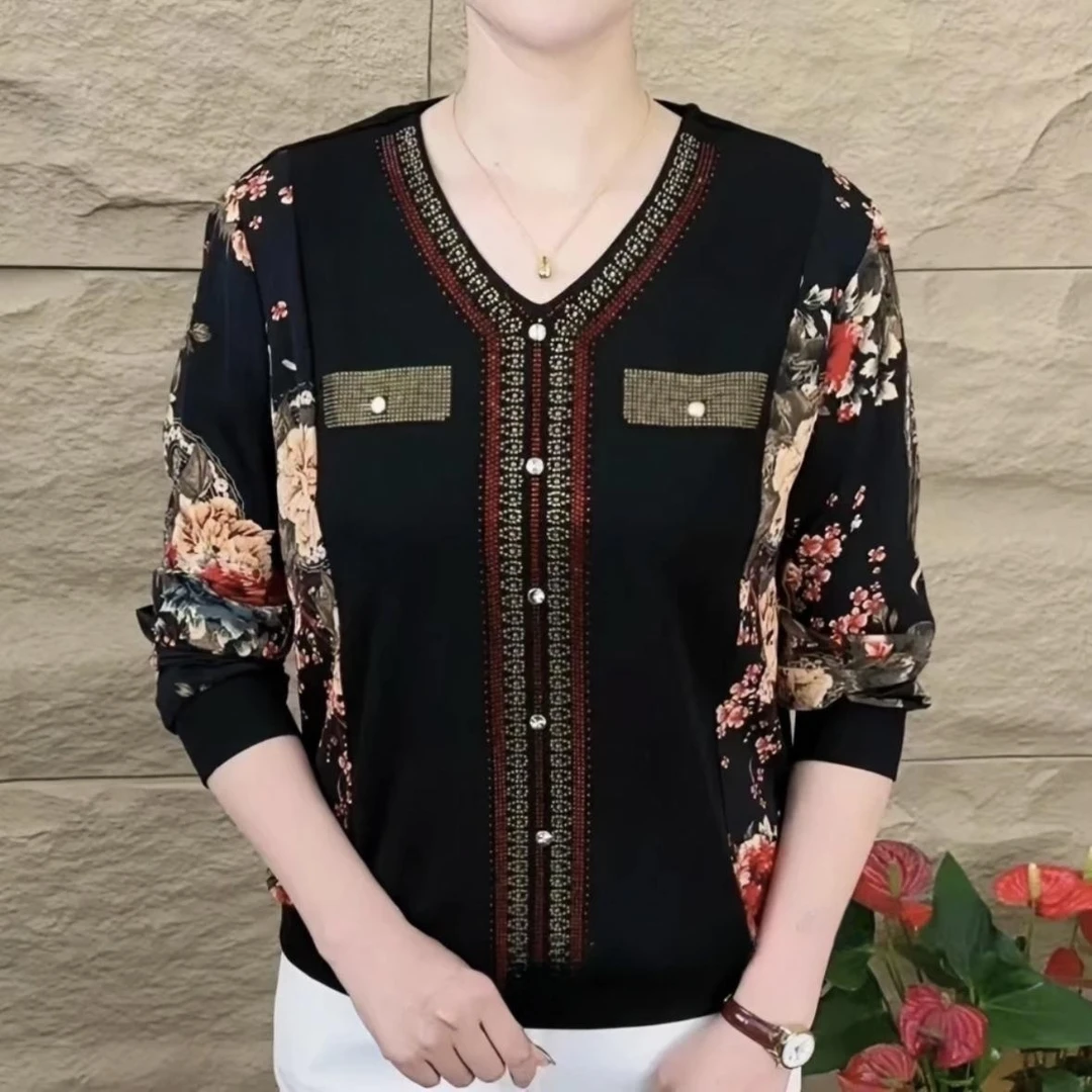 新款长袖V领烫钻打底衫女宽松显瘦百搭妈妈装上衣时尚气质减龄潮