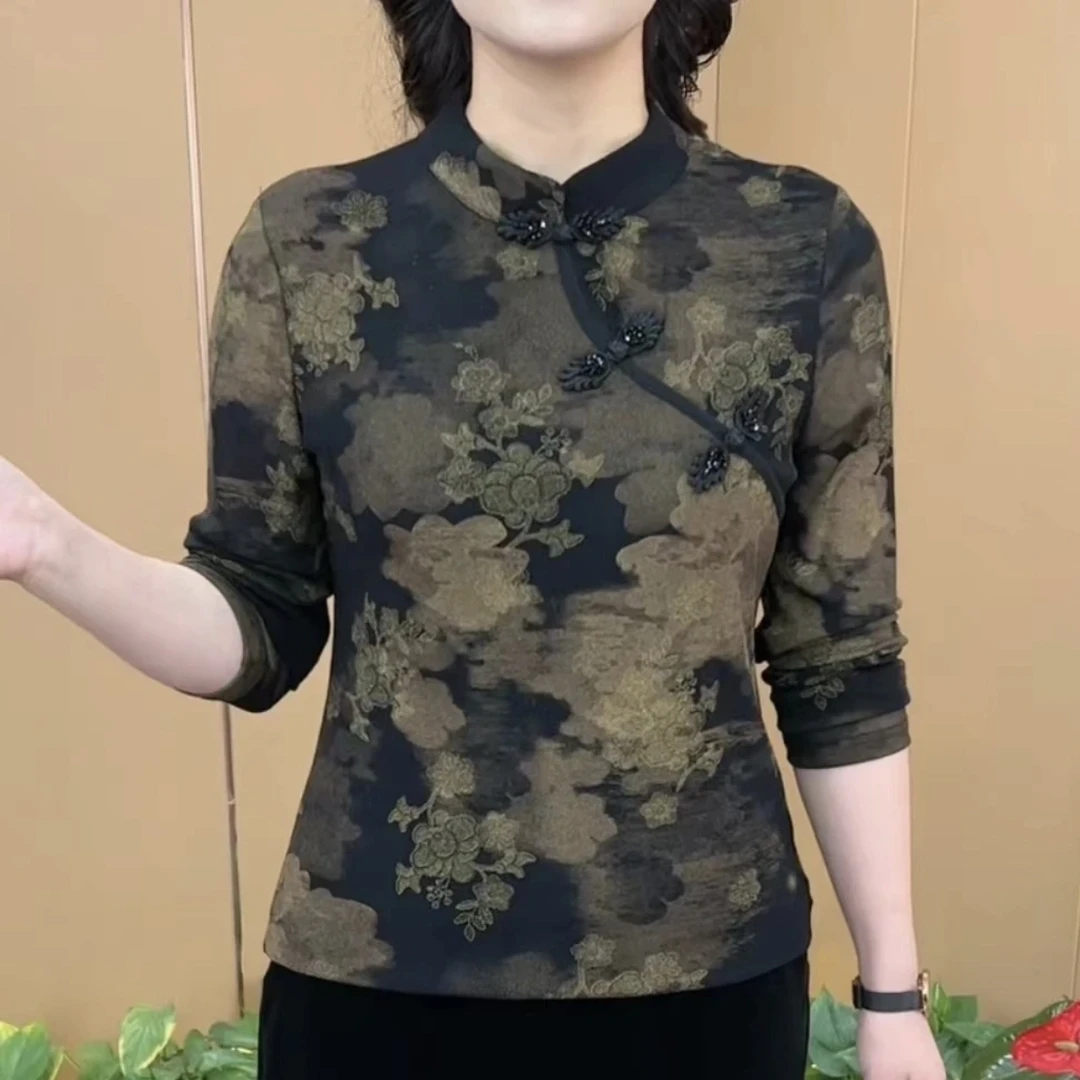 新款时尚立领盘扣复古打底衫气质印花百搭显瘦长袖妈妈装洋气上衣