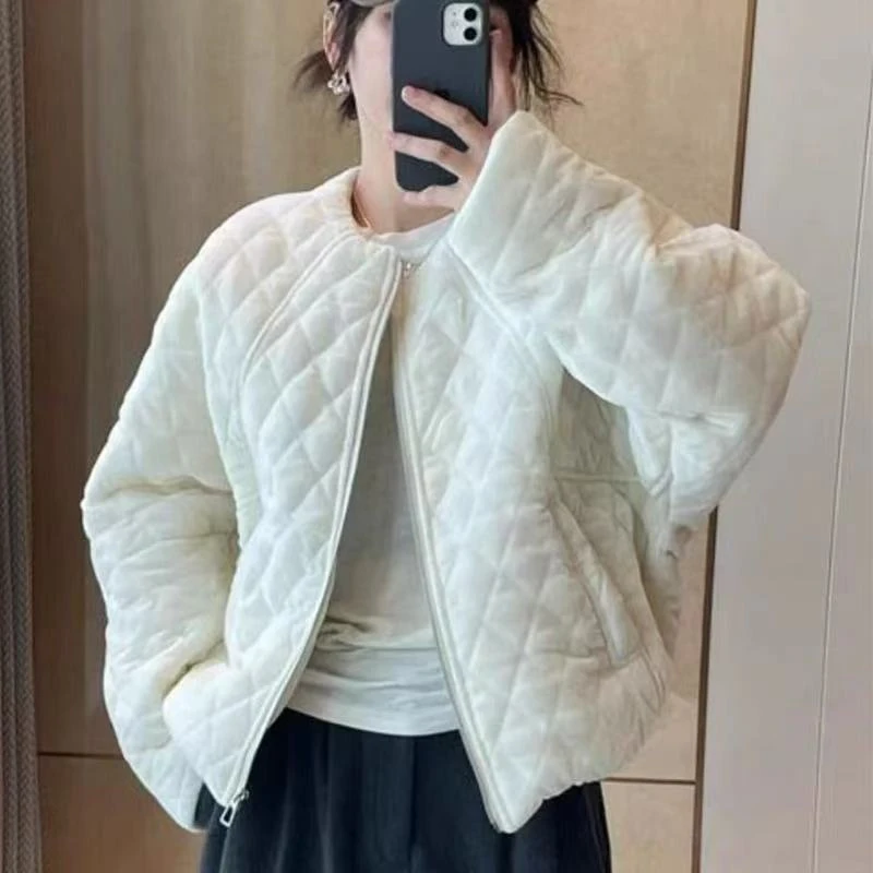 韩系短款棉服金丝绒棉衣外套女2024新款冬季小个子菱形格棉袄上衣