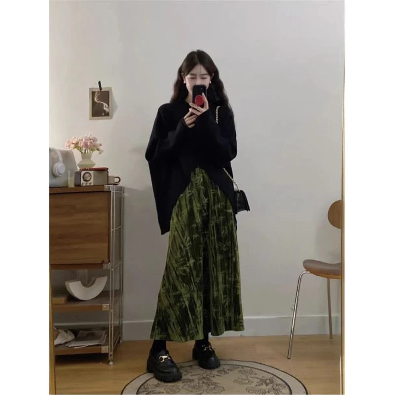 大码秋冬季新款新中式毛衣+暗纹提花半身裙套装3905