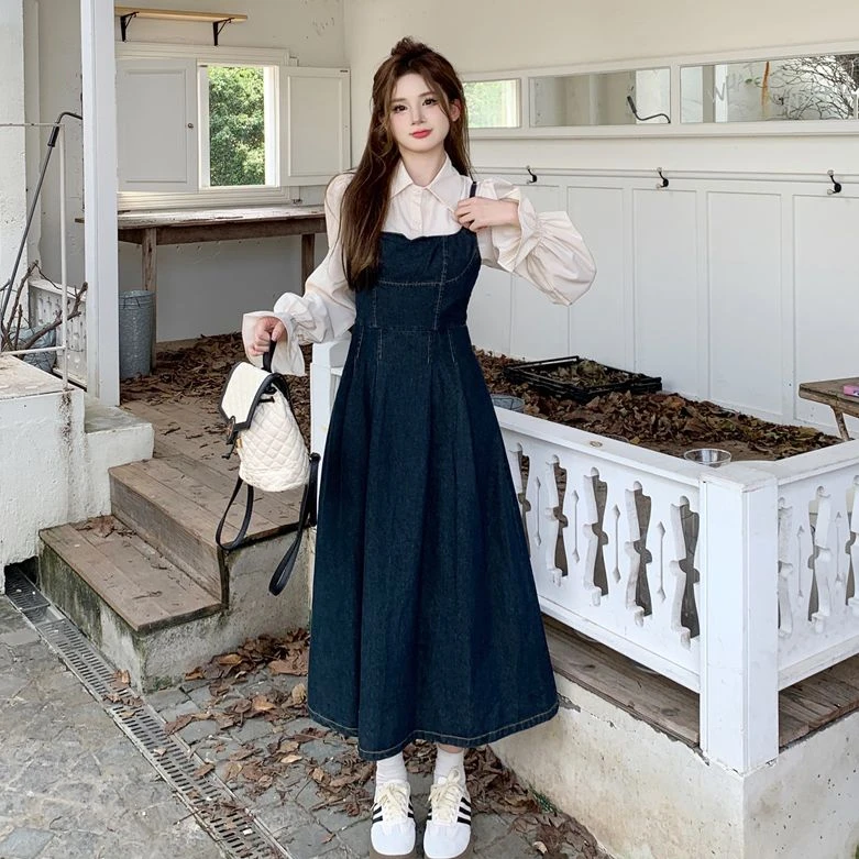 C-9058+9061大码新款喇叭袖法式气质纯色牛仔裙+衬衫套装